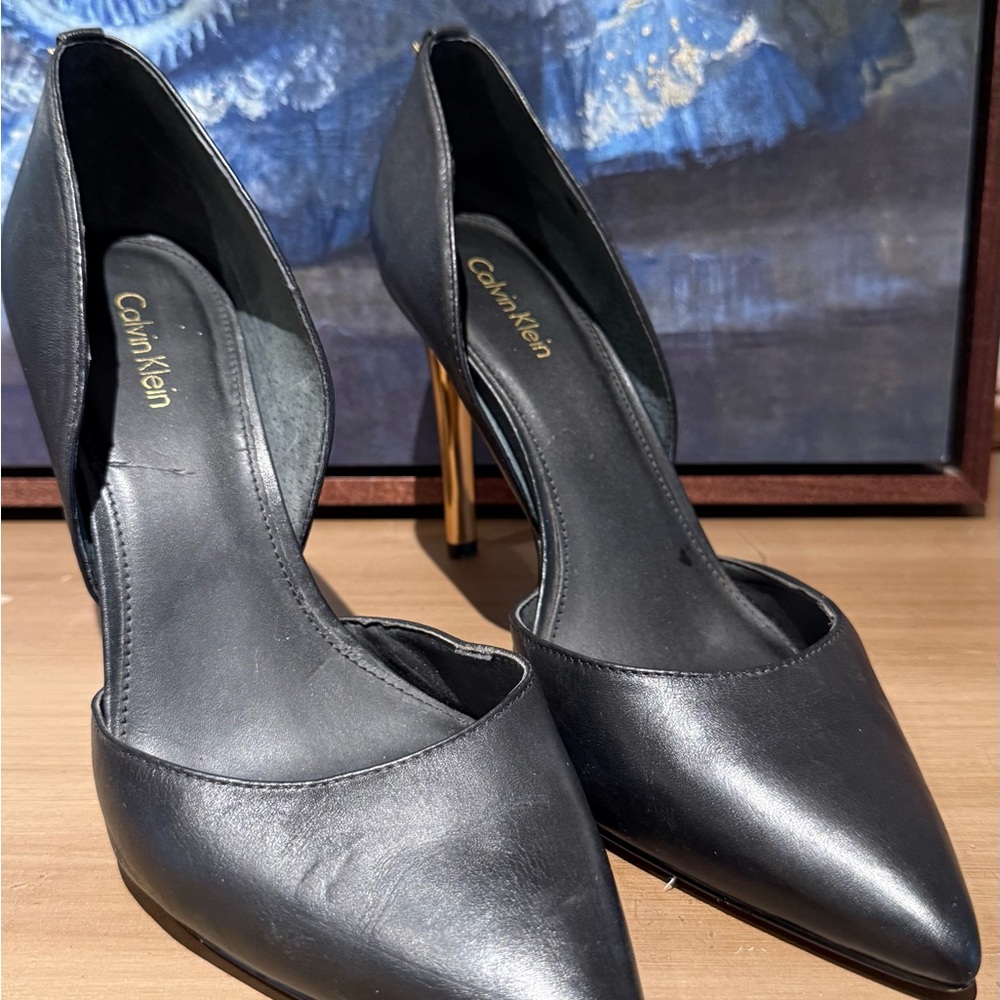 Calvin Klein Black Leather Pointed D'Orsay Pumps with Gold Stiletto